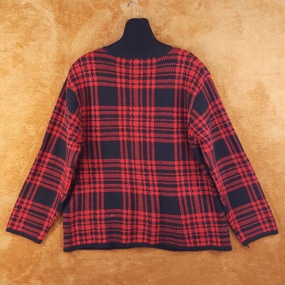 TALLY HO Womens Sweater Medium Red Plaid Zip Up Turtleneck Pockets Coatigan - Picture 5 of 7